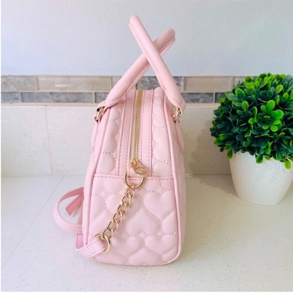 NEW Juicy Couture Pink Heart Quilted‎ Satchel Crossbody Bag Rhinestone JC Logo
